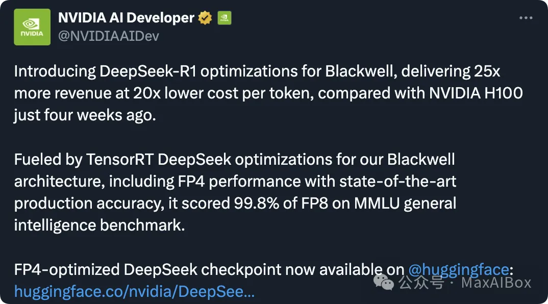 为了被榨干!英伟达下场优化 DeepSeek-R1,B200 性能暴增 25 倍,成本更更低